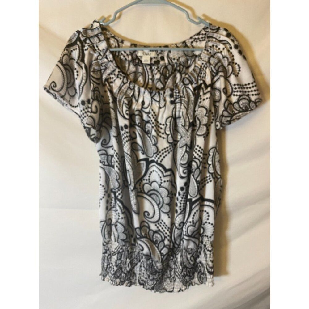 Silky Women's Large L black white Boho Top Shirt Blouse short sleeve